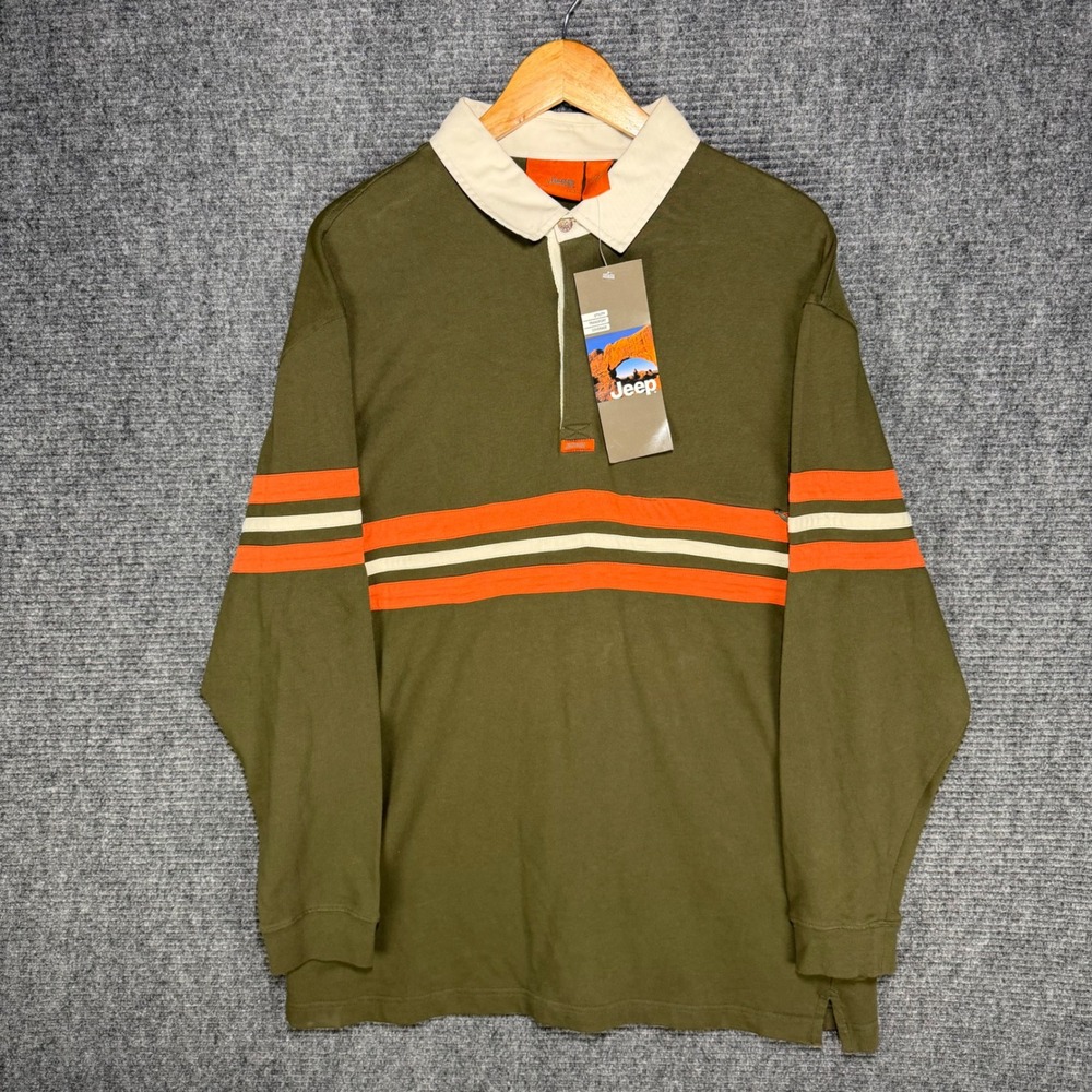 Jeep Mens Rugby Shirt Long Sleeve Olive Green Orange Striped Cotton Large NWT